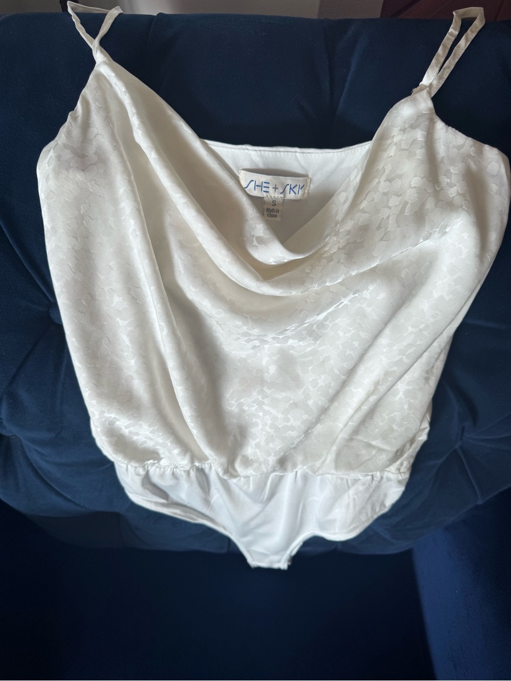 She + Sky White Satin Cowl Neck Bodysuit